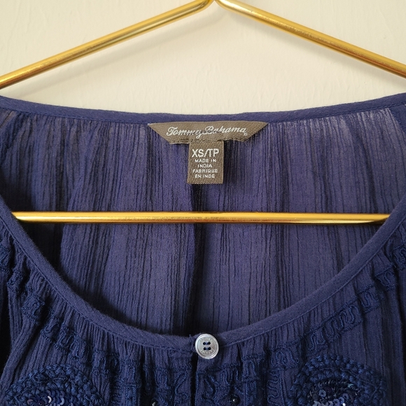 Tommy Bahama Deep Blue Sequin Beaded Blouse Long Sleeve Shirt Womens Size XS - Picture 3 of 4